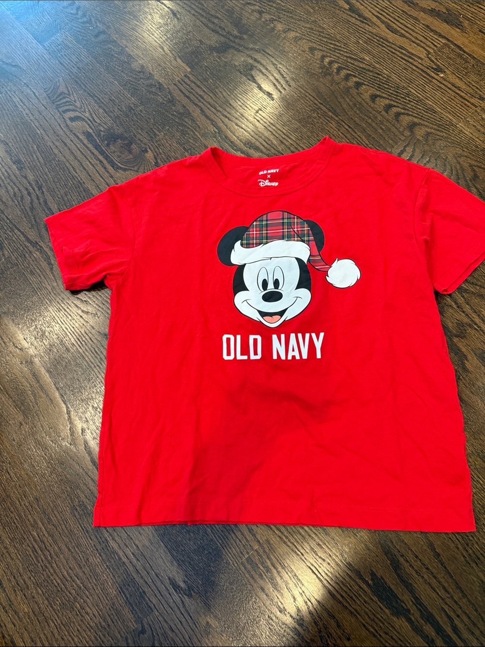 Old Navy Red Mickey Mouse Plaid Santa Tee tshirt small